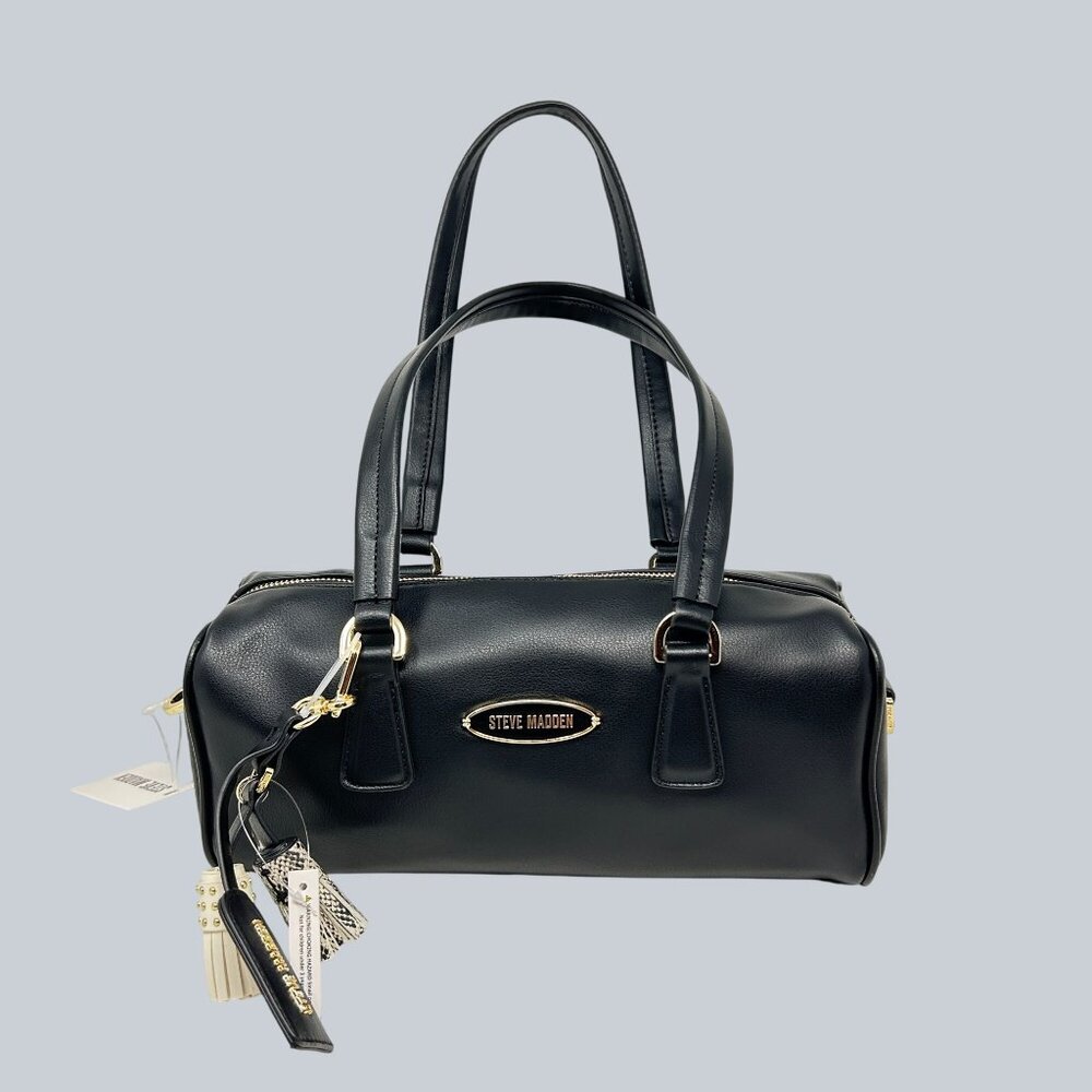 Steve Madden Black Faux Leather Barrel Bag With Gold Hardware & Tassel Accents